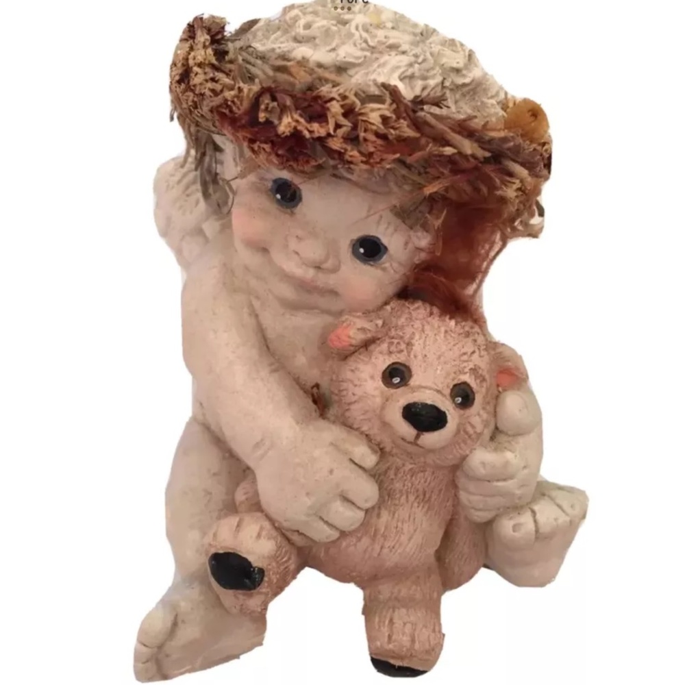 Dreamsicle Vintage Angel Figurine Collectible Cherub Holding Bear Flower Wreath
